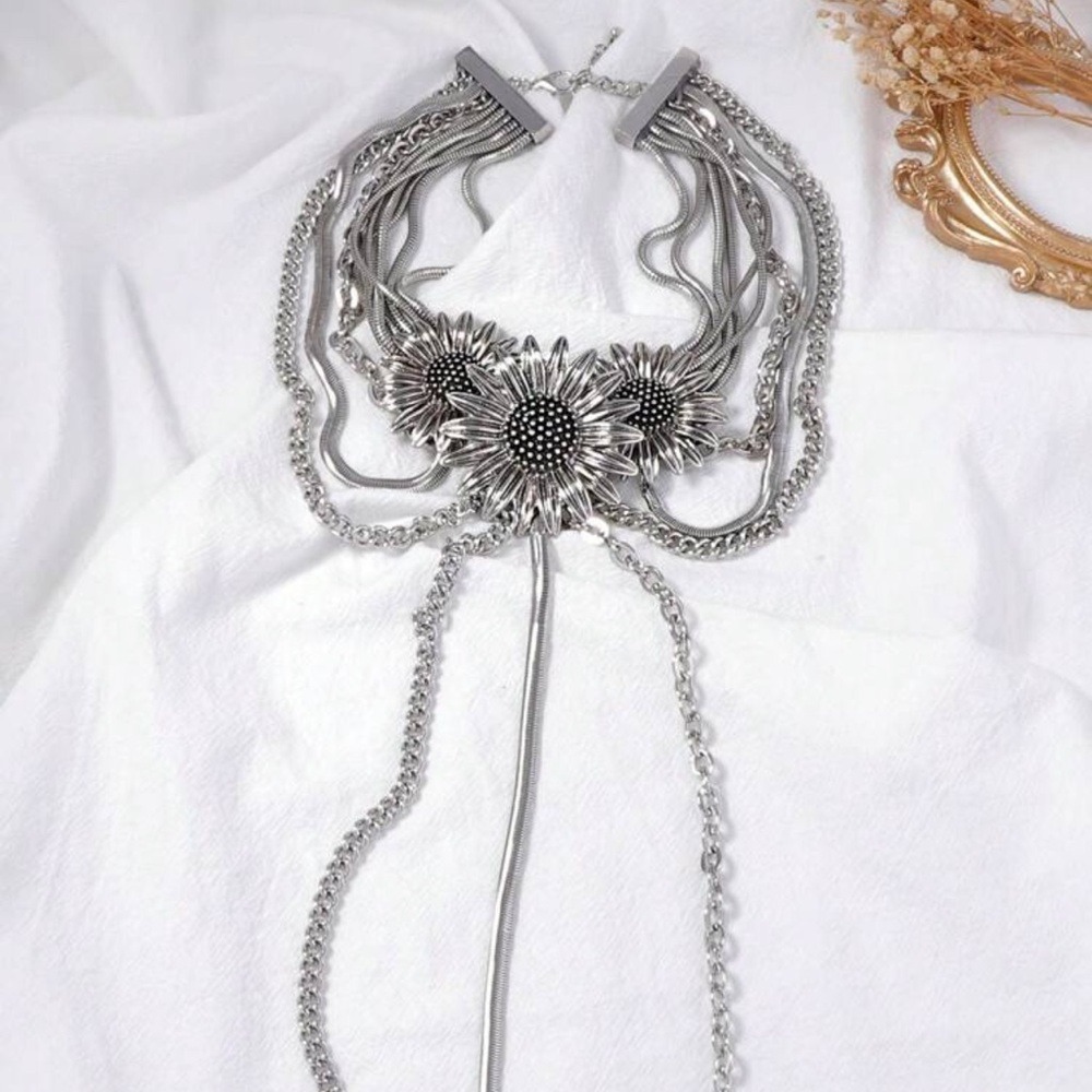 Stainless Steel Sunflower Choker Necklace & Earrings Set Boho Statement Silver - Picture 6 of 10